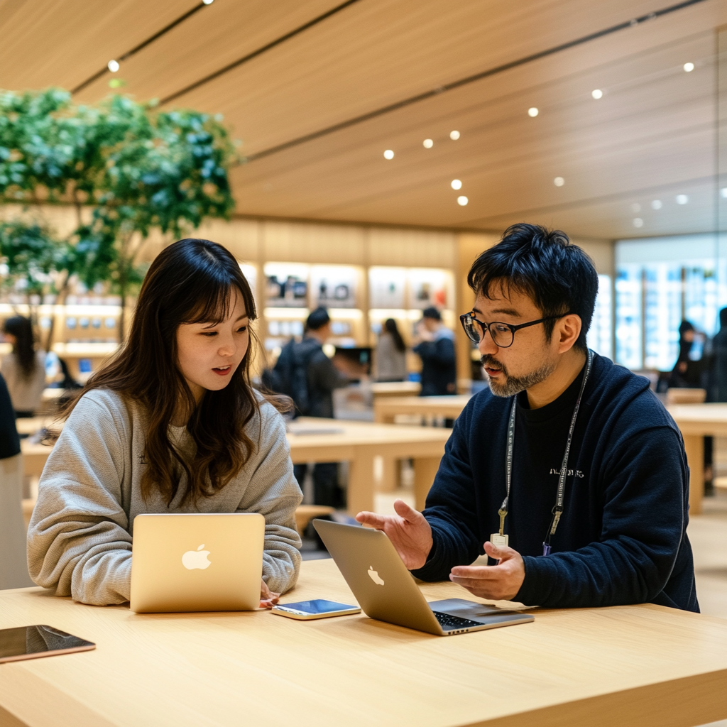 アップルストアで相談している日本人大学生と店員の写真