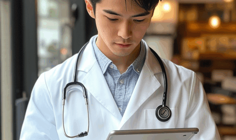 iPadを使って勉強している日本人医学部生の写真