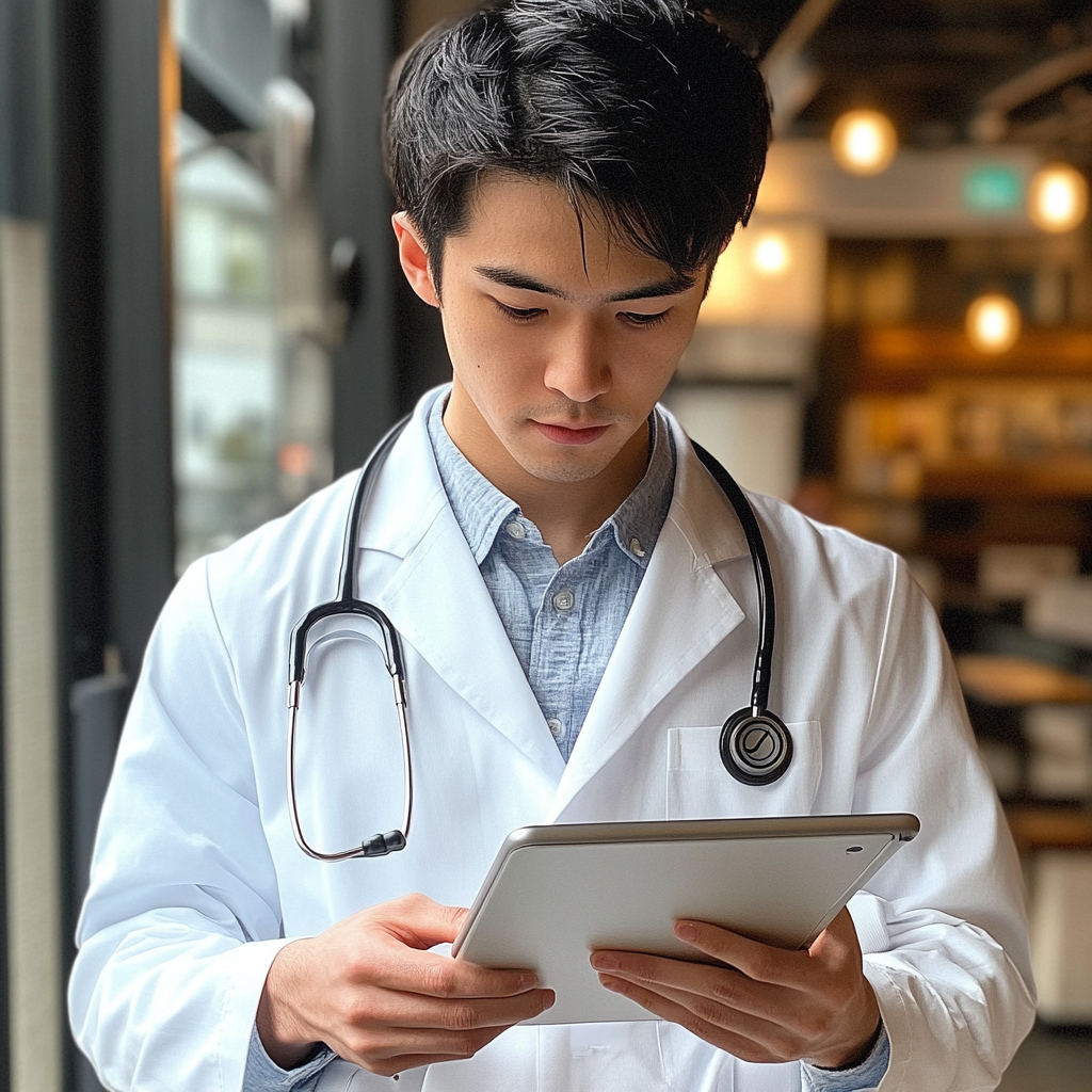 iPadを使って勉強している日本人医学部生の写真