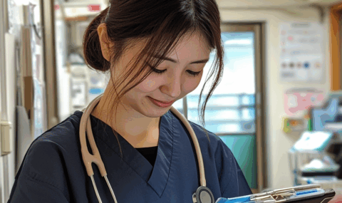 iPadを見ている女性医師の写真