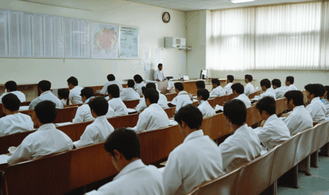 防衛医科大学校で医学を学ぶ学生たちの教室の姿の写真