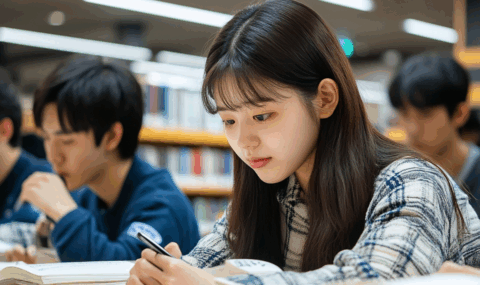 大学図書館で一所懸命勉強している数名の日本人大学生の写真