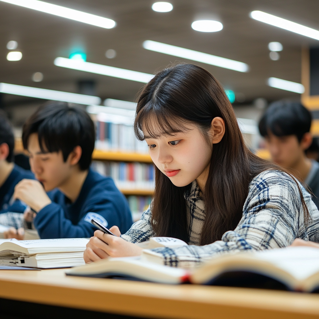 大学図書館で一所懸命勉強している数名の日本人大学生の写真