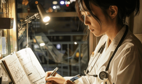 深夜に働く女性医師の写真