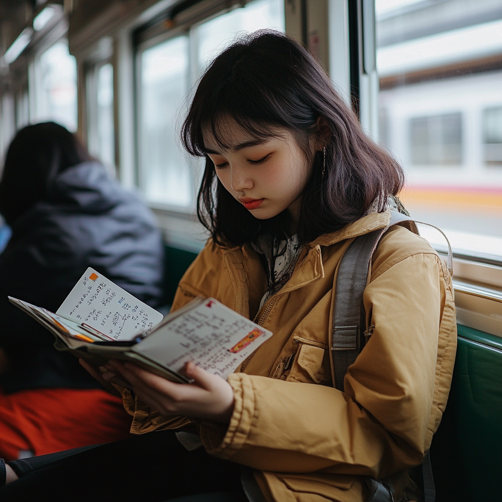 真面目そうな女子学生が電車の中で勉強しているAI写真