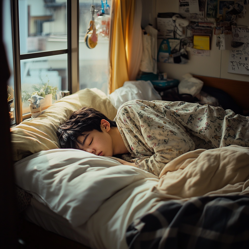 学校を休んで家で寝ている日本人高校生の写真