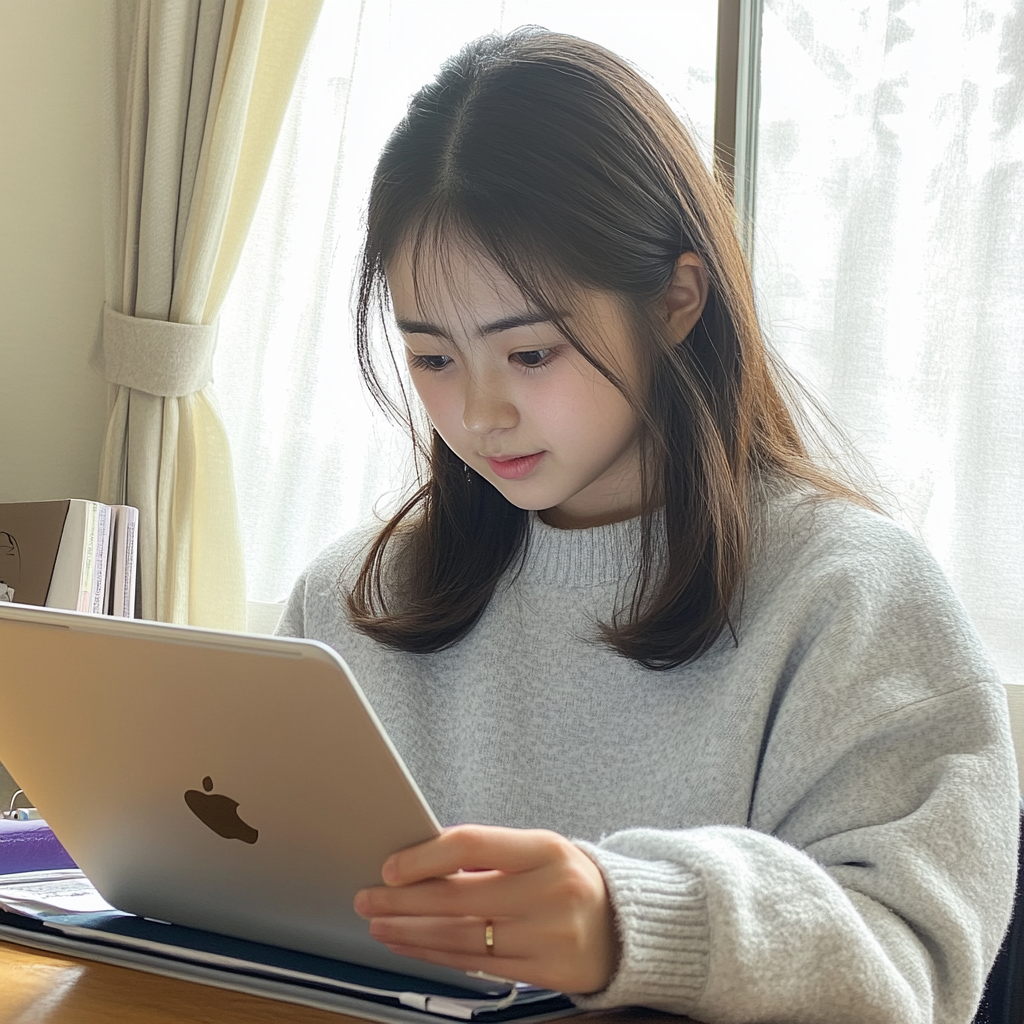 iPadを使ってオンライン授業を受けている高校生の写真