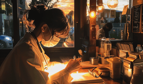 カフェで勉強している女性再受験生