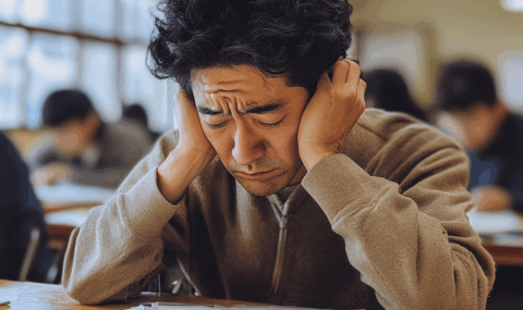 悩みながら調査書を書いている日本人男性教師