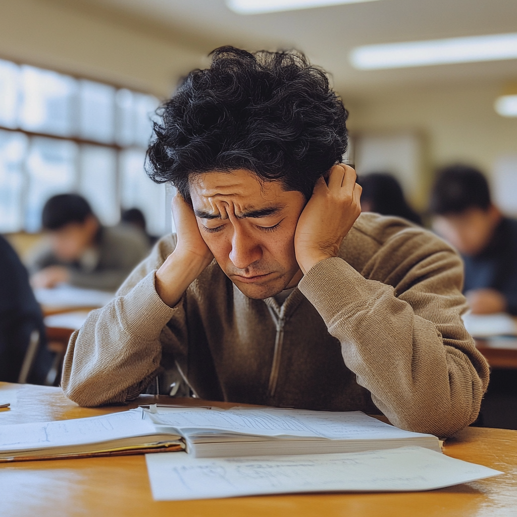 悩みながら調査書を書いている日本人男性教師