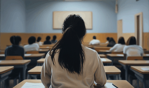 模擬試験を受けている女子生徒の写真