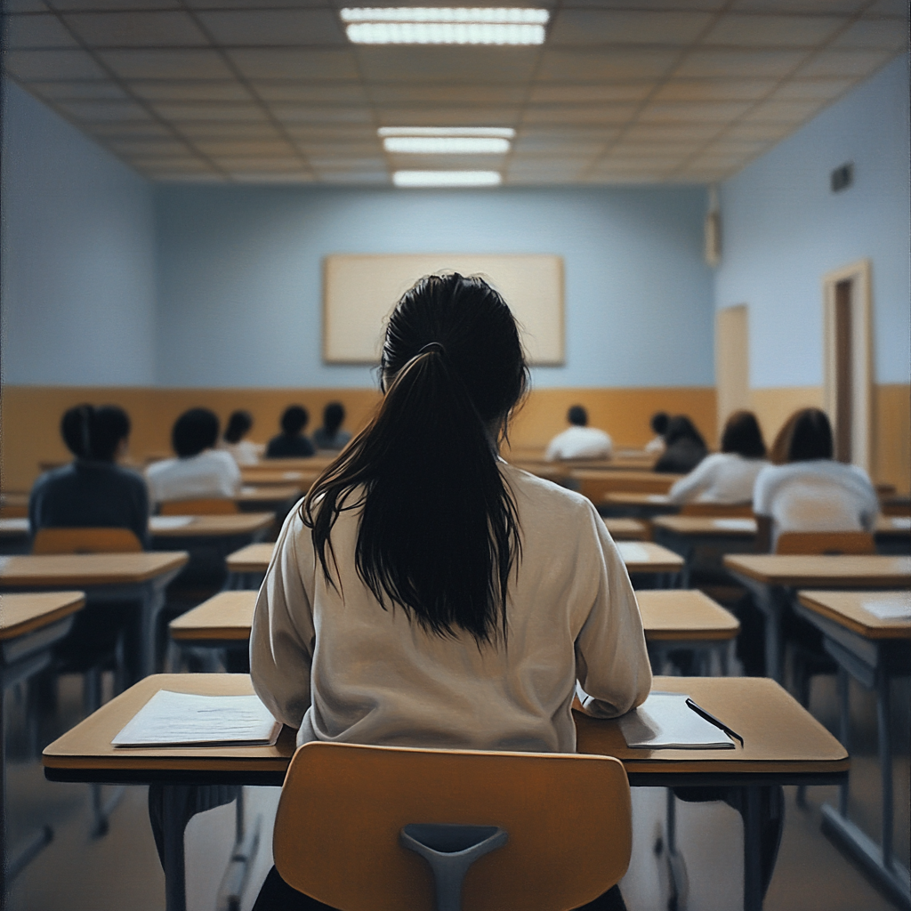 模擬試験を受けている女子生徒の写真