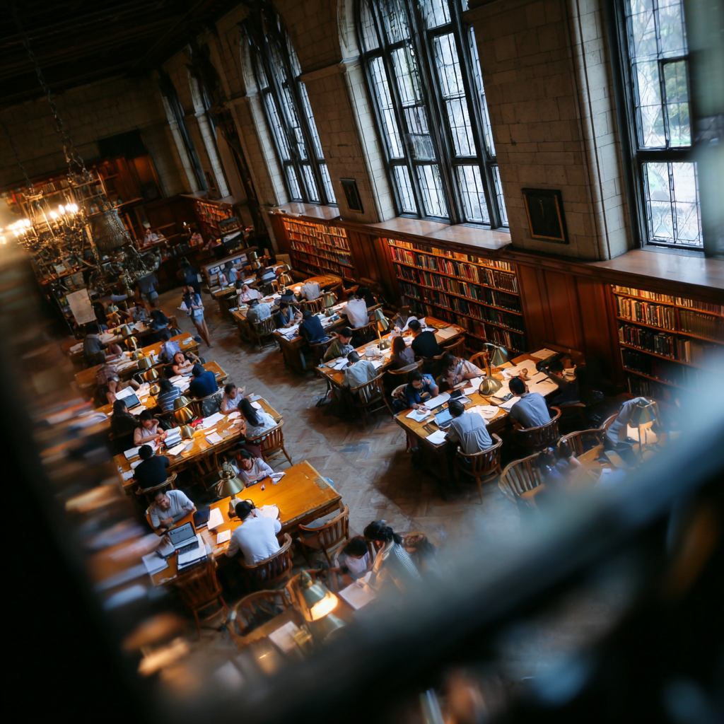 図書館で勉強しているアメリカの医学生の写真