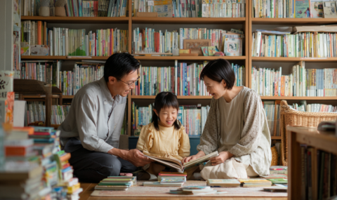 読み聞かせする両親